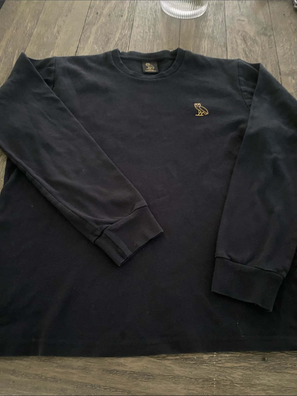 OVO Black Long-Sleeve Crew with Gold Owl Emblem